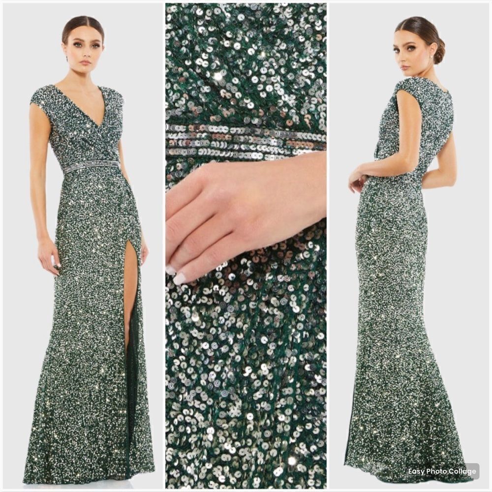 Mac Duggal 5489  Womens Green Cap SLEEVE SEQUINED HIGH SLIT GOWN